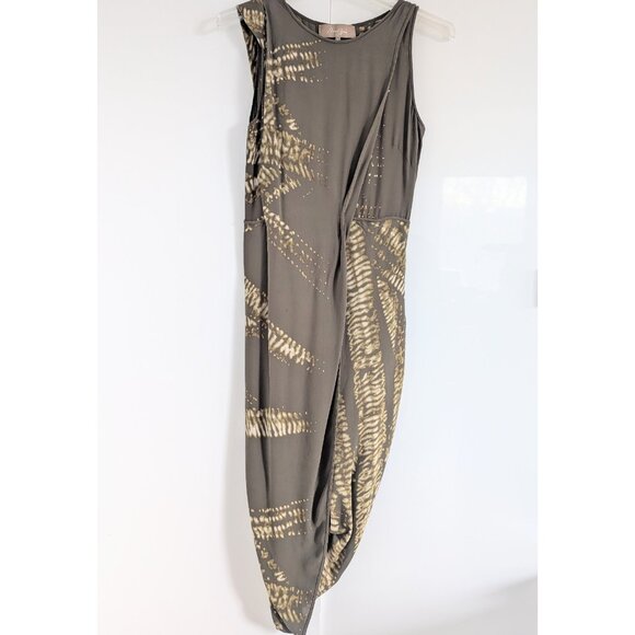 MAX AZRIA Silk Asymmetric Wrap Effect Olive Dress With Abstract Pattern; Size 4 - Picture 3 of 11
